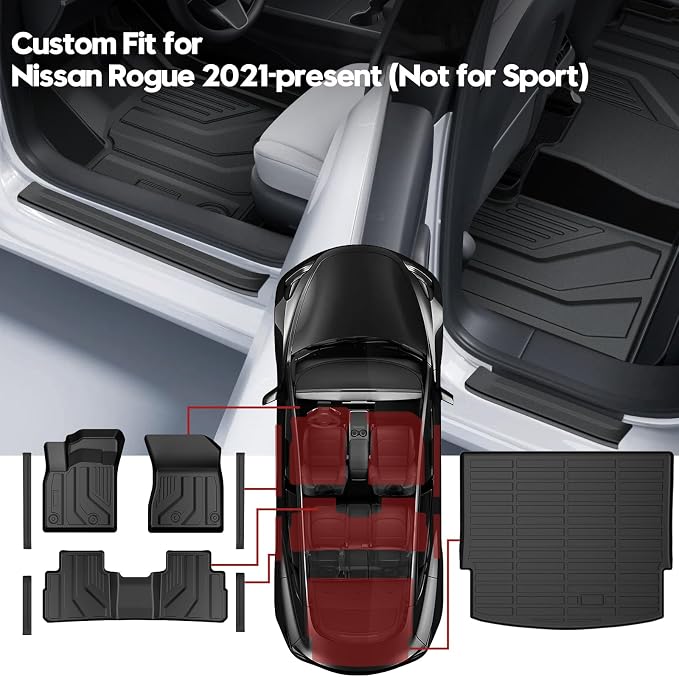 T TGBROS Floor Mats for Nissan Rogue 2021-2026 (Not for Sport) with Door Sill Protector, All Weather TPE Floor Liner Set Front Rear Mats Trunk Cargo Liner Door Entry Guard Full Set 8PCS - Image 2