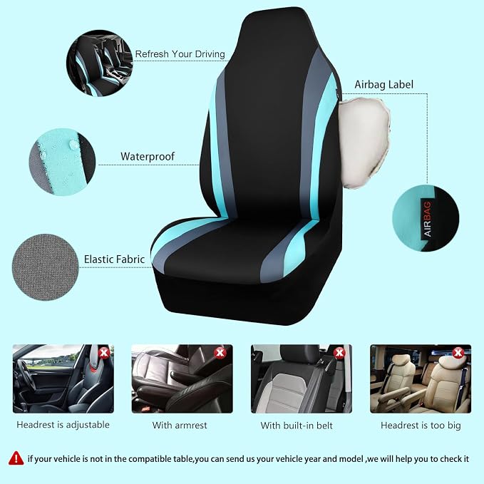 CAR PASS AquaShield Neoprene Waterproof Car Seat Covers Front Seats Only, High Back Bucket Seat Covers,Airbag Compatible,Seat Covers for Women Girl, Universal Fit for Auto Truck Van SUV (Black Mint) - Image 3