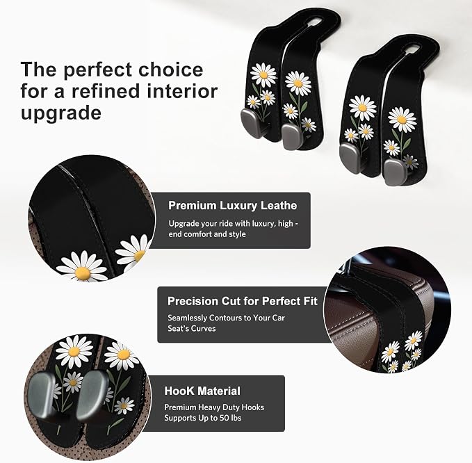CoBak Purse Hook for Car - Universal Premium Stitched Leather and Aluminum-Magnesium Alloy Double Car Seat Back Storage Hook for Purses, Handbags, Bags (2 Pack),Daisy - Image 2