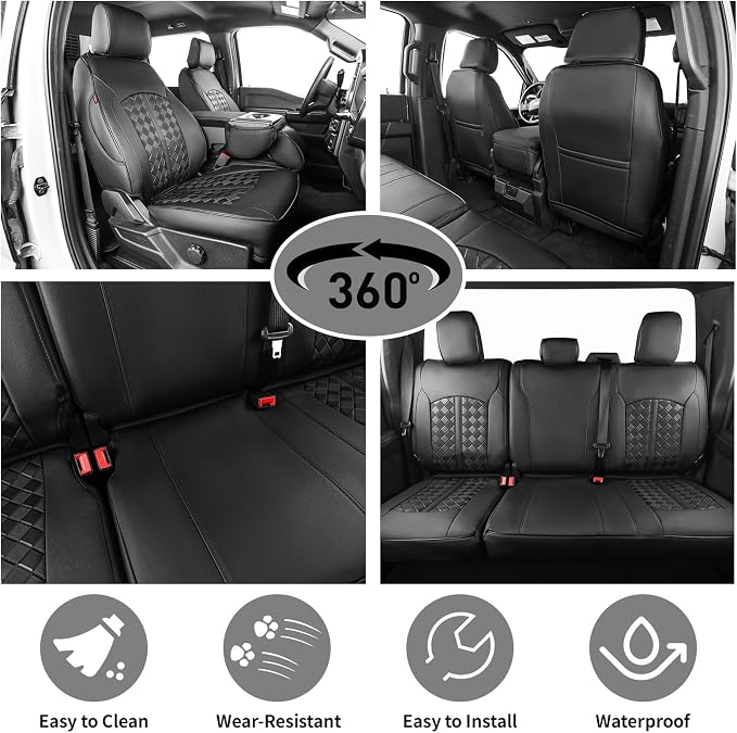 F150 Seat Covers 2015-2020 SuperCrew Custom Fit Full Set | Fits 2015-2020 F150 SuperCrew XL/XLT & 2017-2022 Ford F250/F350 Crew Cab XL/XLT, No Rear Armrest Waterproof Truck Seat Cover - Image 2