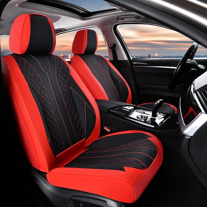 FLORICH Car Seat Covers Front Seats Luxury Faux Leather Waterproof Seat Covers Car Seat Protector Automotive Seat Covers Cushion Universal Fit for Most Cars SUV Trucks, Black&Red by FLORICH