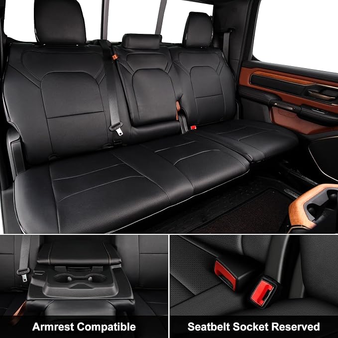 AOMSAZTO Custom Fit Seat Covers for Dodge RAM 1500 2019-2026 Full Set Black | Ram Crew Cab Only, fit Seat-back Armrest Model, Pickup Seat Covers, Premium Faux Leather, Perfect Fit, Airbag Compatible - Image 2