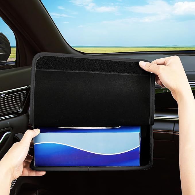 WHHMK Large Car Tissue Holder, Refill Easily Clamshell Opening, Black 1PC | Tissue Box Cover Keep Car Tidy, Premium PU Leather Backseat Napkin Rectangle Organizer in Auto, Fits 100-150 Count Tissues - Image 7