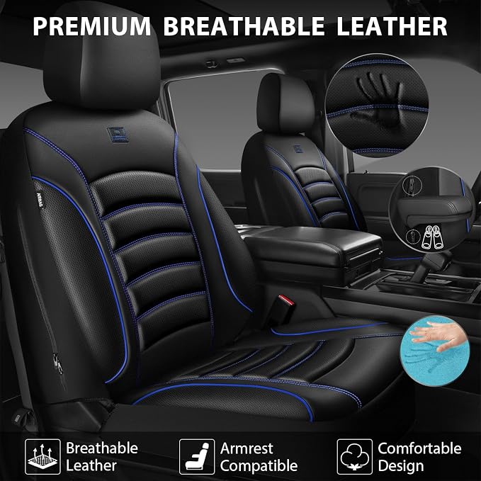 CAR PASS 3D Foam PU Leather Car Seat Covers, Universal Seat Covers Front 2 for Trucks SUV Sedan Automotive Seat Covers Armrest Airbag Compatible Waterproof Comfortable Faux Nappa Leather Black Blue - Image 7