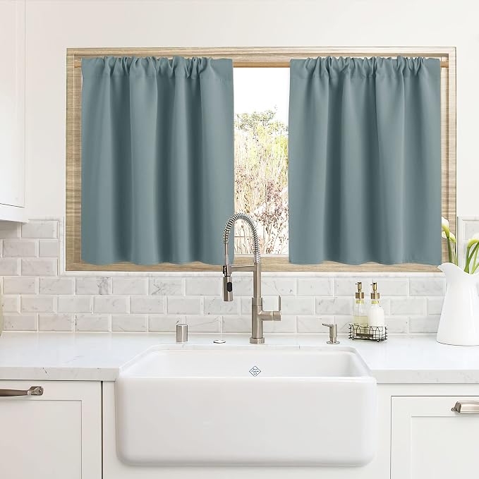 RYB HOME Cafe Blackout Curtains 24 inch Length for RV Camper Kitchen Window | Temperature Regulating, Light UV Blocking, Privacy Protection, Short Small Half Window Tiers, W42 x L24, Dusty Blue, 2 Panels by RYBHOME