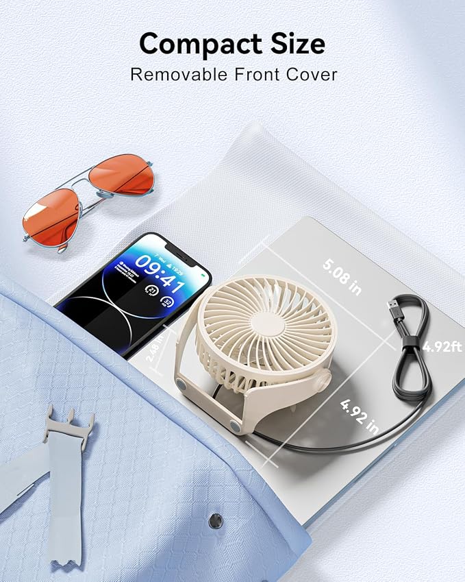 Edvision USB Desk Fan, 5 Inch Small Portable, 3 Speeds Powerful Wind Mini Personal Desktop Fan 360° Rotation Adjustable, Plug In USB Fan Quiet for Table Home Office Travel Car(Beige) - Image 6