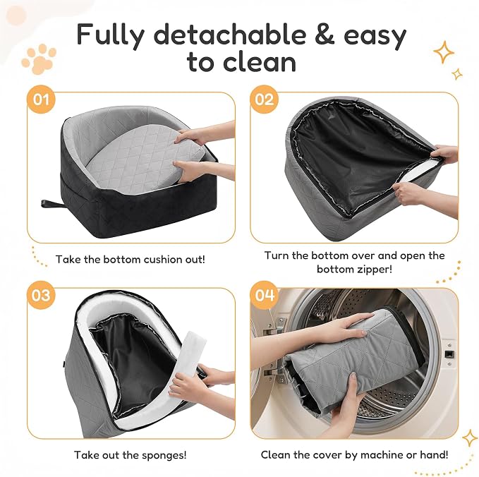 Dog Car Seat for Small Dogs Up to 30 Lbs, Pet Travel Safety Bed for Puppy Cat, Fits in Front/Back Seat, Anti Slip Base, Fully Detachable Washable with 2 Safety Tether(Light Gray-Black) - Image 6