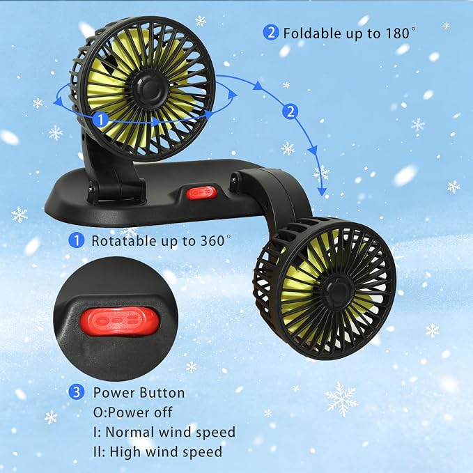 Dual Head Car Cooling Fan 12V-360°Rotation,2 Speeds,Dashboard Fans for Sedan/SUV/RV/Truck/Van Vehicles,Cigarette Lighter Plug (2-Head 12V) - Image 6