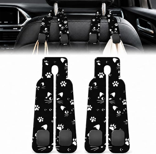2 Pack Black Cat Car Headrest Hooks for Purse Bag Seat Back Hanger | Black Cat Face Car Accessories Metal Hook, Feline Lover Gifts for Women, PU Leather Double Hook for Backseat Organizer by Unknown