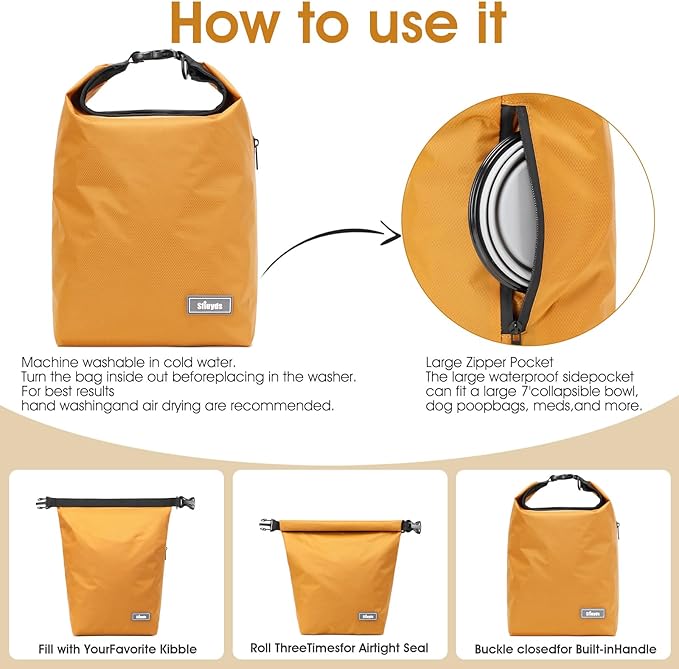 Pet Food Storage Dog Food Travel Container with 2PCS Collapsible Dog Travel Bowls Waterproof Kibble Storage Bag (Yellow, Small) - Image 3