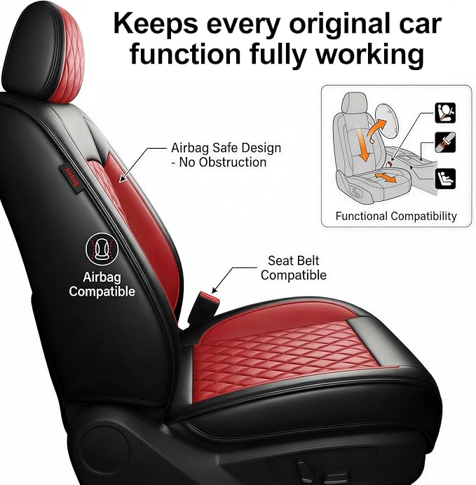 Fit for Camry Seat Covers Compatible with Toyota Camry 2012-2025 2026 - Waterproof Breathable Leather Automotive Seat Cushions Protector, Airbag Compatible,Only 2 Front seat Covers(Red) - Image 7