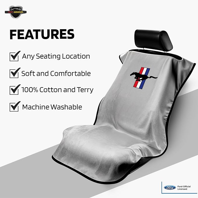 Seat Armour Seat Protector Towel for Mustang Pony – Soft Machine Washable Car Seat Cover Towel – Easy to Install, Multipurpose Car Seat Towel – Gray - Image 3