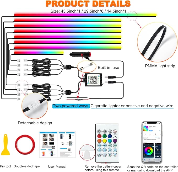 Jushope Interior Car LED Strip Lights, Acrylic LED Lights for Car with Dynamic Dreamcolor Chasing, Ambient Lighting Kits Music Sync Wireless APP and RF Remote Control (8 in 1) - Image 5