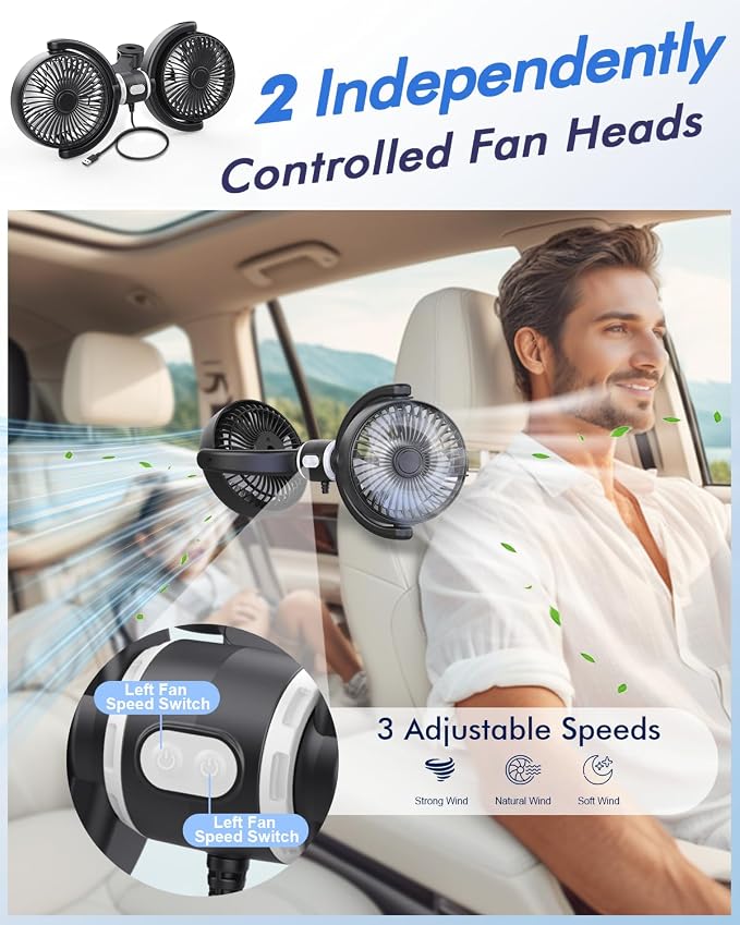 Car Fan USB Powered for Baby Backseat with 3 Speed Separately Controlled | Dual-Head Back seat Fan,Quiet Brushless Motor,360°Rotatable,5V/2A,Air Circulation For Van Truck SUV RV Backrests - Image 4