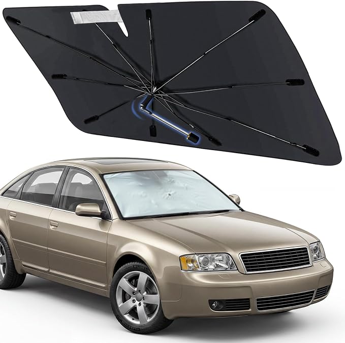 Windshield Sun Shade for Audi A6 1995-2004, Foldable Umbrella Sunshade | Custom Fit Car Sun Visor with 360° Rotating Shaft, UV Protection Heat Shield Sun Blocker Heat Reflector and Easy Storage by Visufy