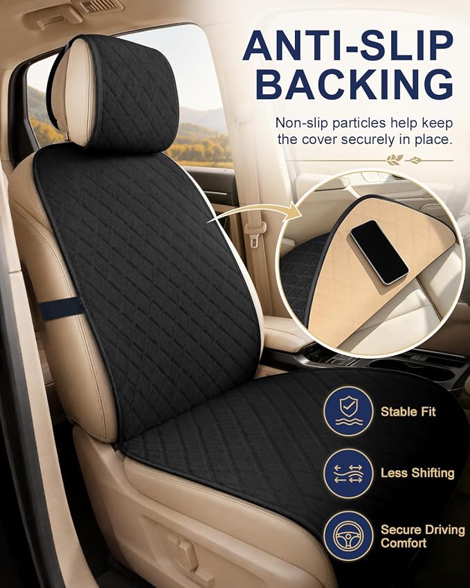 Linen Car Front Seat Covers, Breathable Linen Car Seat Protector | With A Carrying Pouch And Non-Slip Nubs On The Back; Universal Fit Cars Vans SUVs Trucks, 2 Units, Black - Image 4