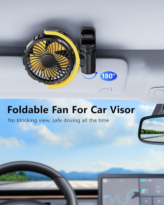 Battery Powered Fan for Car Visor Back Seat Roof Handle (Yellow) | 2000mAh Rechargeable Clip On Fan for Car SUV Van RV Pickup Truck Camping Desk Bed Stroller Baby Crib, Quiet, 360 Rotation - Image 2