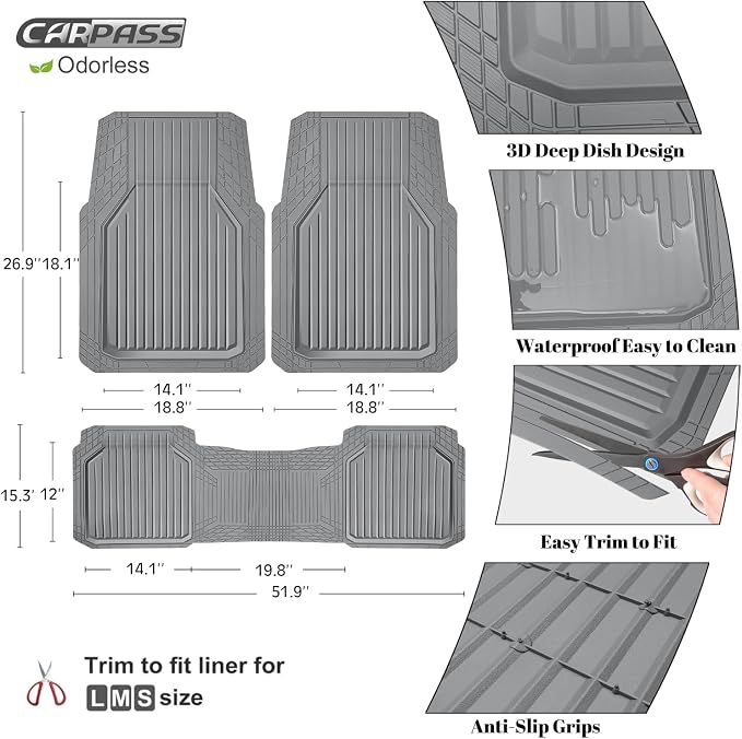 CAR PASS Heavy Duty Rubber Floor Mats for Car, Waterproof Liner Deep Dish Car Mats Full Sets, Universal Trim to Fit for SUV Truck Sedans Vans, All Weather Automotive Floor Mats 3pcs, Solid Gray - Image 3