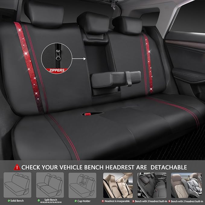 CAR Pass Bling Car Seat Covers Full Set, Shining Rhinestone Diamond Waterproof Faux Leather, Rear with Zipper, Universal Fit Automotive Glitter Crystal Sparkle Strips for Women Girl, Black Red - Image 4