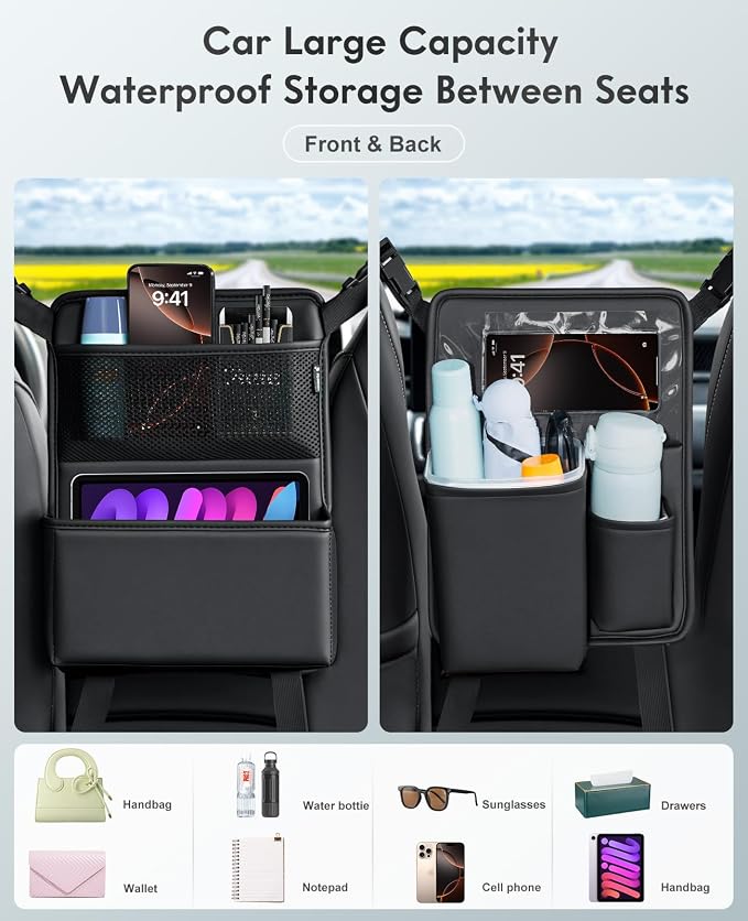 FLORICH Car Organizer Storage Between Seats, Premium Leather Car Mesh Organizer with Waterproof Cup Holder, Car Hanging Storage Bag Pocket Between Seats - Image 2