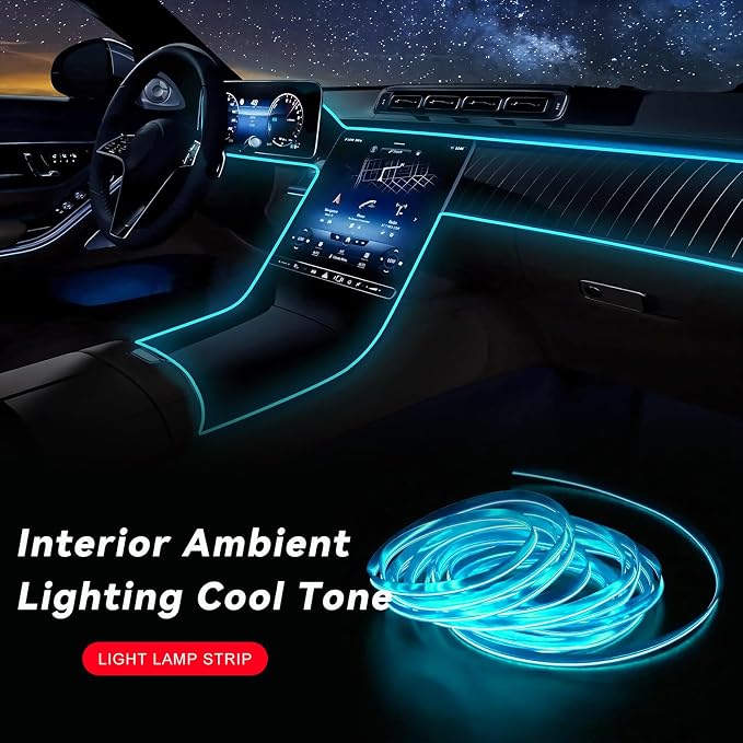 EL Wire Interior Car LED Strip Lights, 16.5FT 5V EL Wire Strip Neon Glowing Strobing Light w/ 5mm Sewing Edge, USB Electroluminescent Ambient Lighting Kit for Car Inside Decoration (Ice Blue) - Image 4