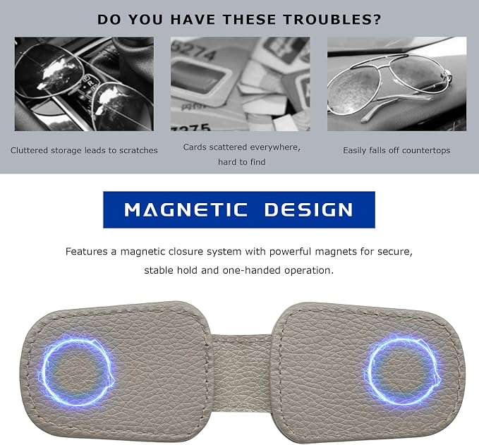 2 PCS Sunglass Holder for Car, Magnetic Leather Glasses Holder Auto Ticket Card Clip, Sun Visor Eyeglass Hanger Interior Accessories for Sedan Truck SUV, Car Accessories (Gray) - Image 5