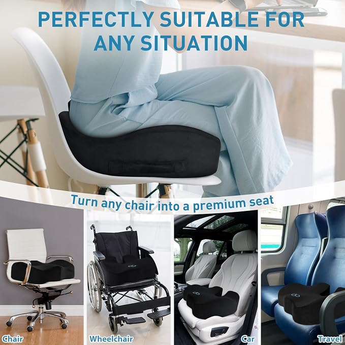 BlissTrends Thick Seat Cushion for Office Chair & Car Seat, XL, Black | Memory Foam with Removable Cover, Ergonomic Tailbone & Sciatica Support for Pressure Relief and Long Sitting, 3.9" Thick - Image 6
