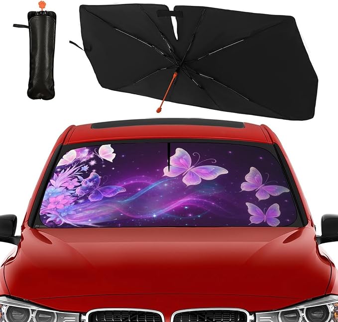 Butterfly Flowers Car Windshield Sun Shade Umbrella Bendable Handle Foldable Funny Sunshade for Car Windshield Block UV Rays Keep Vehicle Cool for Most Sedans SUV Trucks Cars 57"x30" - Image 2