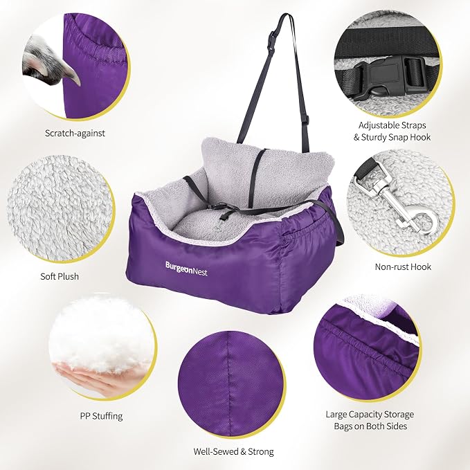 BurgeonNest Dog Car Seat for Small Dogs & Cats Under 25 lbs, Purple - Image 6