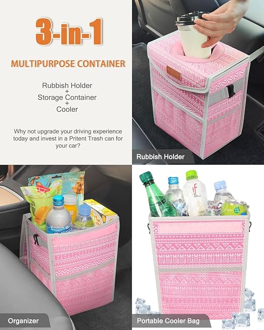 Pritent Car Trash Can with Lid Leakproof Car Garbage Bag Vehicle Trash Bin | Hanging Automotive Garbage Can,Multipurpose Car Accessories for Women Men Interior Car Storage Organizer(2.8 Gal,Pink Print) - Image 5