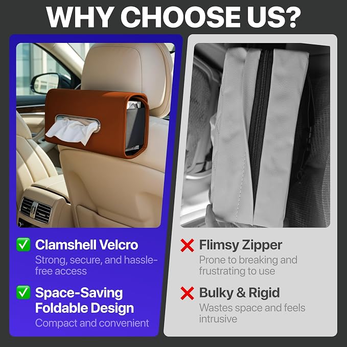 Lucrum Extra Large Car Tissue Holder - PU Leather Tissue Box Cover | Fits Regular Size Napkins Box - PU Leather Car Tissue Holder for Seat Back, Sun Visor & Console - Chestnut Brown - Image 4