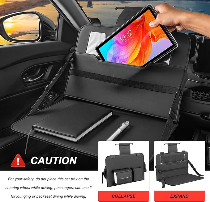 Car Steering Wheel Tray, Foldable Car Laptop Desk Eating Food Tray with Transparent Holder & Tissue Box, Adjustable Back Seat Headrest Table for in-Car Dining Working Studying (Black) - Image 5