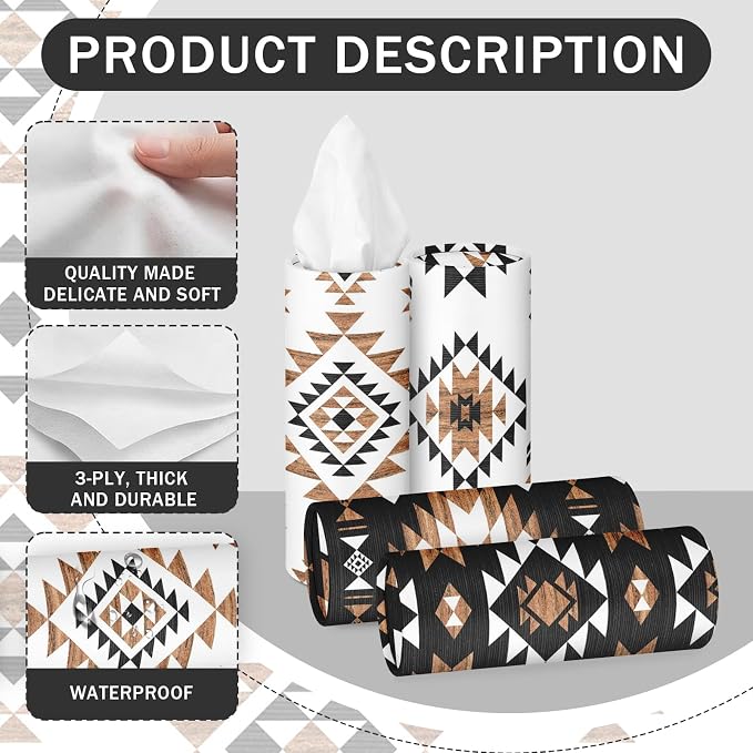 Arttown Car Tissue Holder for Cup Holder Facial Tissues 12 Pack Aztec | Western Bulk 3-Ply,Refillable Marble Print Cylinder Tissue Boxes,Fit Car Home Office School (600 Sheets Total,50 Sheets Each) - Image 3