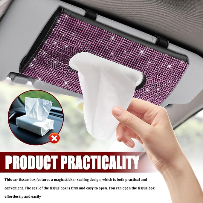 Bling Car Sun Visor Tissue Box Holder, Car Visor Tissue Holder, PU Leather with Bling Crystal Rhinestones Tissue Holder, Backseat Paper Towel Cover Case Auto Accessories for Women (Pink) - Image 4