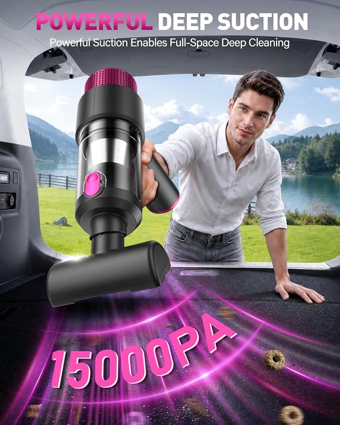 KMM Handheld Car Vacuum Cleaner, Hand Held Vacuum Cleaner & Air Duster | 15000PA Strong Suction, 120W High Power, Portable & Rechargeable, LED Light, Multi-Nozzles for Home, Car, Office, Pet - Image 2