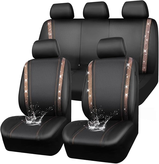 CAR PASS Bling Diamond Car Seat Covers Full Sets, Shining Rhinestone Waterproof Faux Leather, with Zipper, Universal Fit Automotive Glitter Crystal Sparkle Strips Cute Women Girl, Champagne Gold by CARPASS