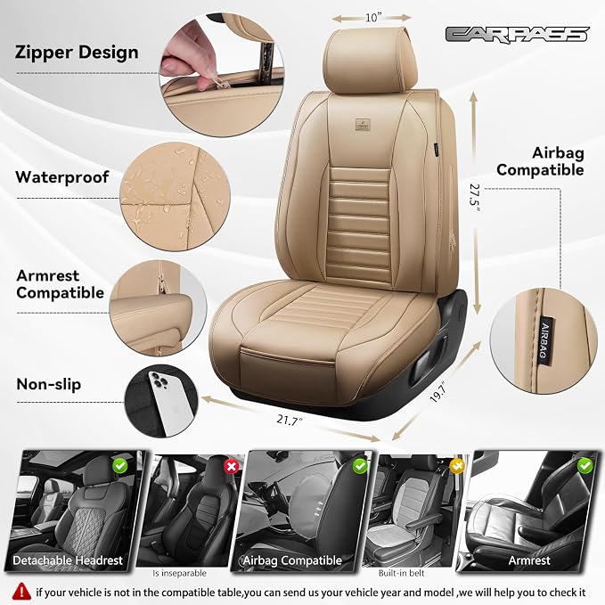 CAR PASS Nappa Leather Car Seat Covers Front Seats, Luxury Seat Protector for Cars, Waterproof Anti-Slip Seat Cushion Airbag Compatible Universal for Sedan SUV Pick-up Truck Automotive Vehicle, Beige - Image 2