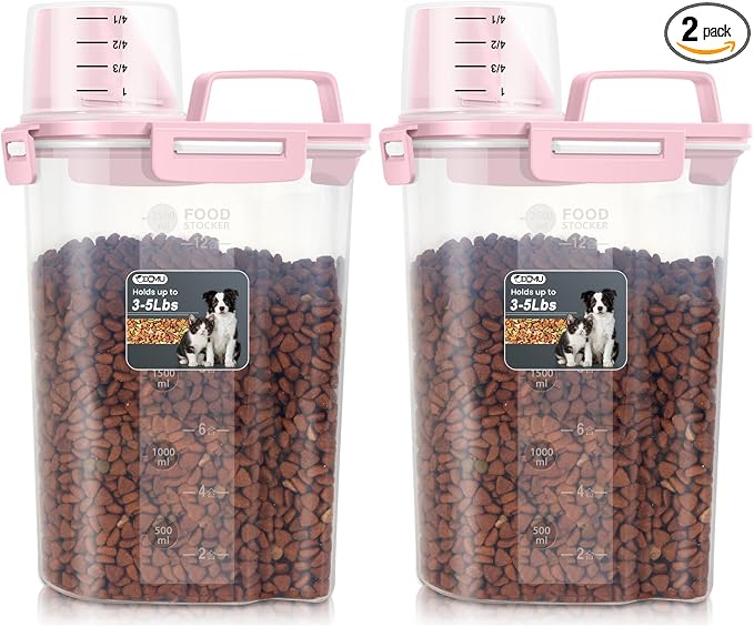 Dog Cat Food Storage Container with Cup (Pink, 2.5L (2 pack)) | Pet Food Pourable Container Airtight with Large Spout, BPA-Free Plastic Food Dispenser for Pet Food, Bird Seed, Rice, Flour by ODOMU