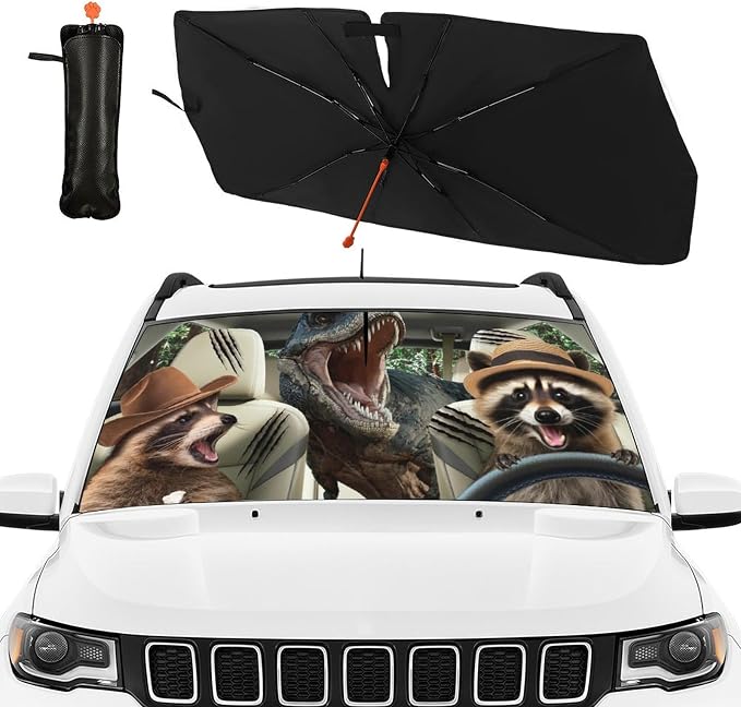 Funny Dinosaur Car Sunshade Umbrella for Windshield Foldable Raccoon Driving Car Sun Shade Cover with Bendable Handle Block UV Rays Sun Visor Protector Keep Vehicle Cool 57"x30" - Image 2