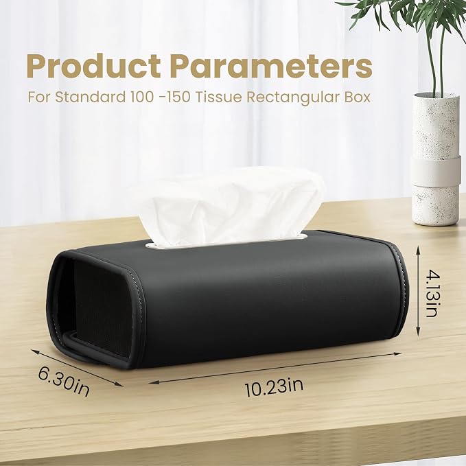 WHHMK Large Car Tissue Holder, Refill Easily Clamshell Opening, Black 1PC | Tissue Box Cover Keep Car Tidy, Premium PU Leather Backseat Napkin Rectangle Organizer in Auto, Fits 100-150 Count Tissues - Image 2