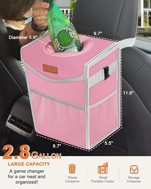 Pritent Car Trash Can with Lid Leakproof Car Garbage Bag Vehicle Trash Bin | Hanging Automotive Garbage Can,Multipurpose Car Accessories for Women Men Interior Car Storage Organizer(2.8 Gal,Pink) - Image 2