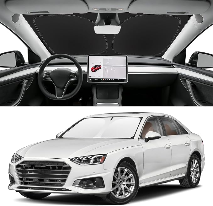 Custom Fit Windshield Sun Shade for Audi A4 2017-2025 | Blocks UV Rays and Sun Heat, Helps Reduce Interior Temperature, Protects Dashboard from Fading, Folds Easily for Storage by SLOGENTO