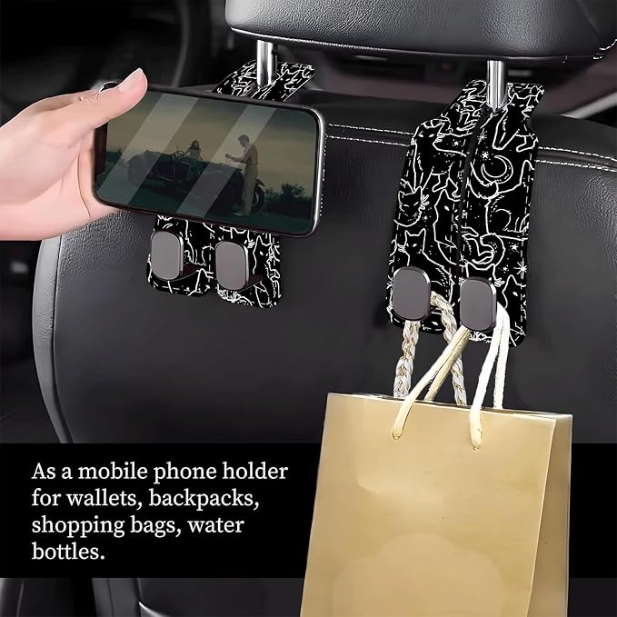 Car Seat Headrest Hook, Universal Leather Cute Hanger Holder Hook, Storage Organizer Interior Accessories for Purse Bags Handbag Black White Cats - Image 2