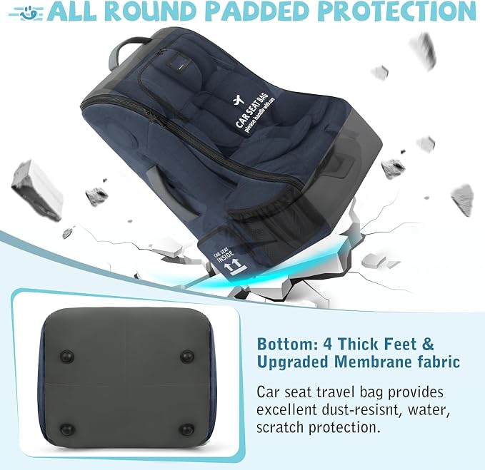 RAINSMORE Padded Car Seat Travel Bag for Airplane Car Seat Backpack, Blue | Fits Infant Carrier & Boosters, Heavy-Duty Car Seat Cover for Air Travel Gate Check Carrier Bags for Airport with Side Pocket - Image 6
