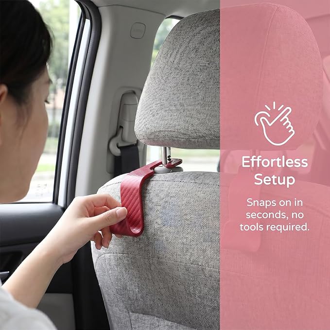 4 Pack Headrest Hooks for Vehicle Seats, Carbon Fiber/Red | rear-row hanging storage, supports bags coats and groceries, fits matching headrest posts, interior accessory - Image 4