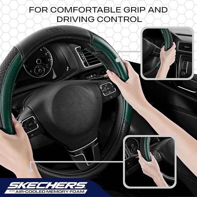 Skechers Air-Cooled Steering Wheel Cover,Leather Car Steering Wheel Cover Universal Fit 14" 1/2-15" Car Wheel Protector for Men Women Fit Suvs,Vans,Sedans,Car,Trucks,Green - Image 5