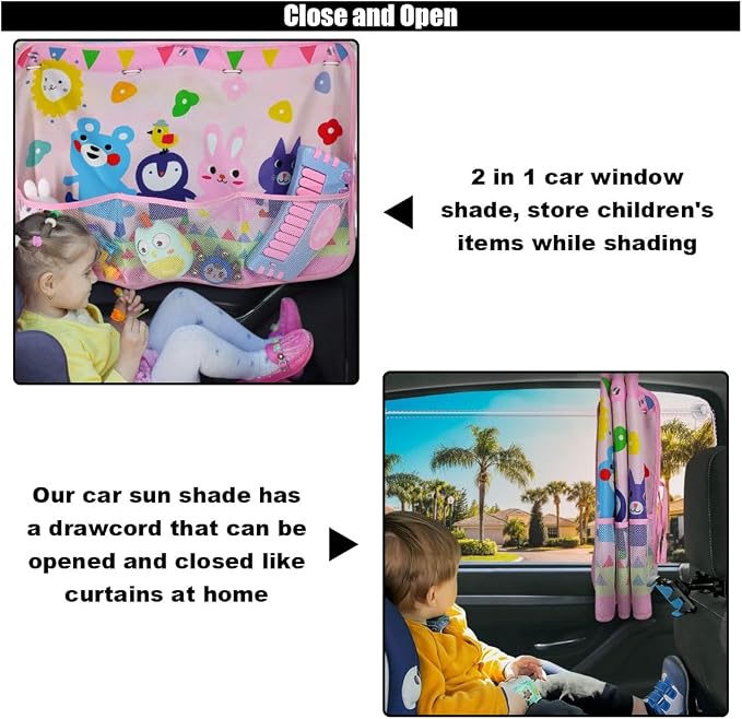 GLSOWEE Car Window Shade for Baby, Blackout Car Window Curtain, Animals | Storage Pockets & 7 Suction Cups, Cartoon Pattern Car Side Window Sun Shade Cover for Sun/Heat/UV Rays Protection, Pink - Image 5