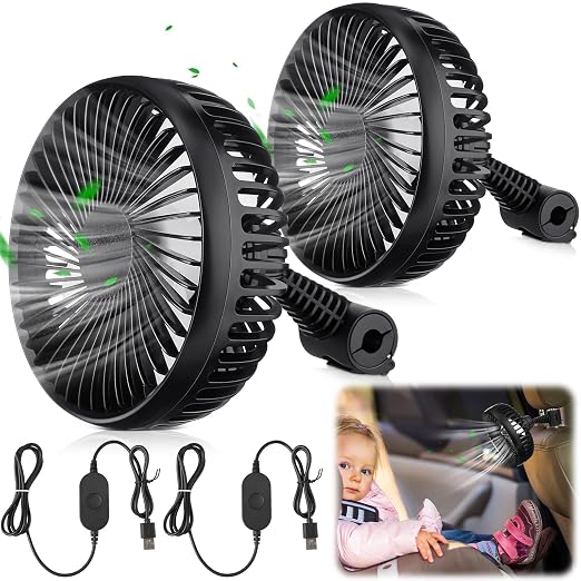 Glooglitter 2 Pcs Car Fan USB for Rear Seat Passenger Portable Headrest 360 Degree Rotatable 3 Speed 12v/ 24v Automobile Ventilation Fan with Clip for SUV Backseat, RV, Vehicles(Classic,Black) by Glooglitter