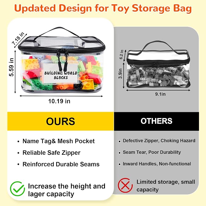 Tesuko 6 Pack Clear Toy Storage Bag with Name Tag& Manual Pocket, Waterproof Transparent PVC Toy Organizer Case for Lego Bricks, Board Games, Building Blocks, Puzzles (Large Capacity, Black) - Image 2