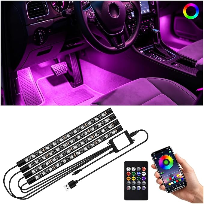 Car Interior LED Light with Wireless Remote & APP Control, Vehicle Under Dash Footwell Light with Music Sync Mode, USB Port Automotive Inside Ambient Strip Lighting, Universal Fit (48 LED) by Unknown